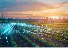 Traktori pellolla digitaalisen verkoston ympäröimänä